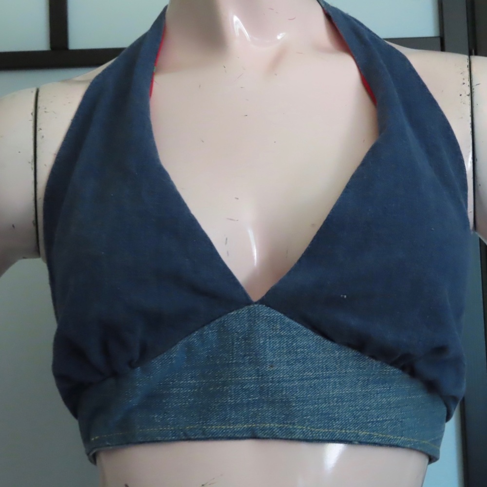 Vintage 70s Blue Denim Halter Bra Top S M